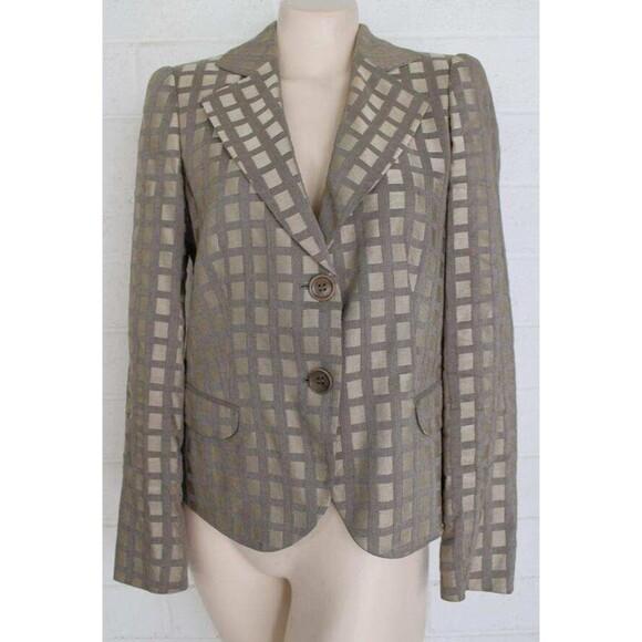 Giorgio Armani Le Collezione 6 Taupe Windowpane Check Linen Blend Blazer Jacket - Picture 1 of 5